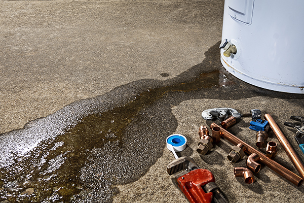 A leaking faucet on a domestic water heater with tools and fittings to replace appliance